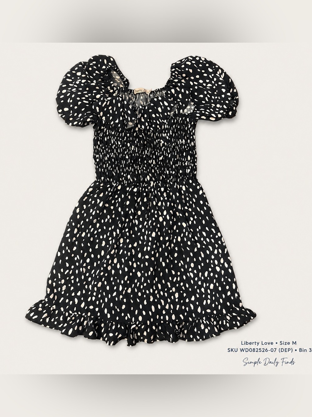 Liberty Love Black Cream Smocked Puff Sleeve Mini Dress M